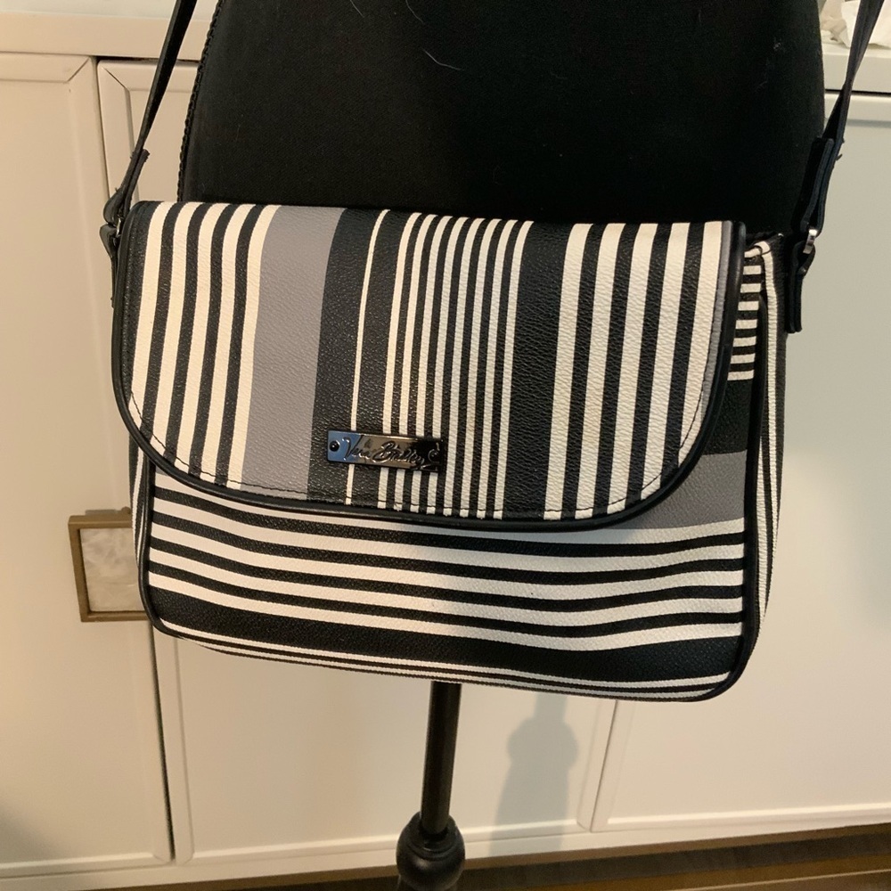 Vera Bradley Midnight Black White Gray Stripe Crossbody Bag Purse